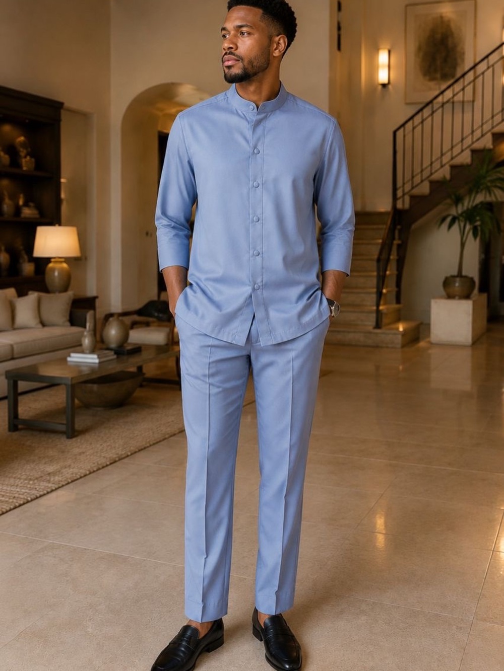 Men's Sky Blue Kaftan Set with Mandarin Collar